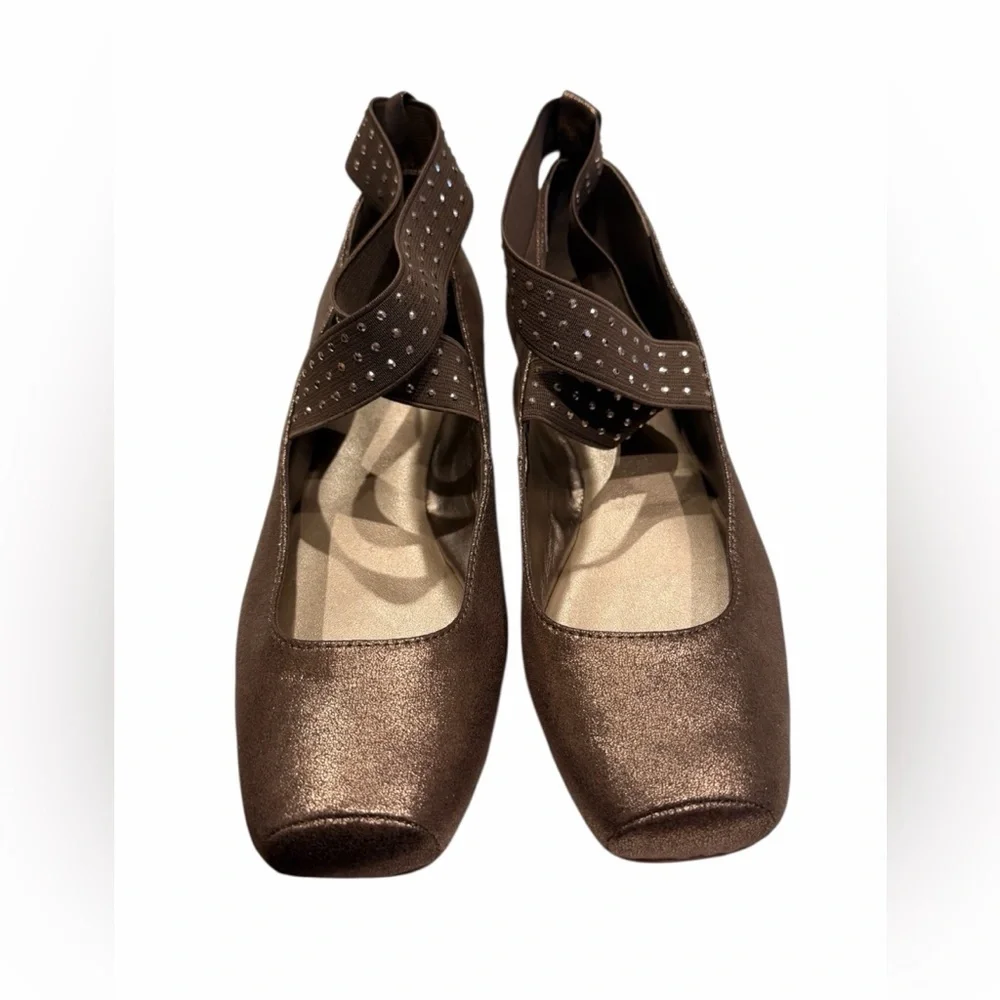 A N A Mercy 2 Balletcore Taupe Metallic Flats Elastic Criss-Cross Ankle Strap